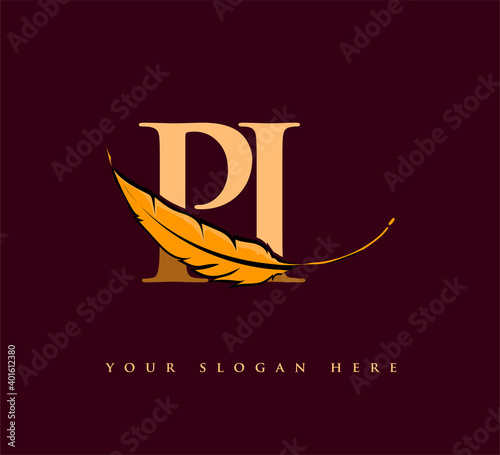 Initial letter PI logo with Feather Company Name, Simple and Clean Design. Vector Logo for Business and Company