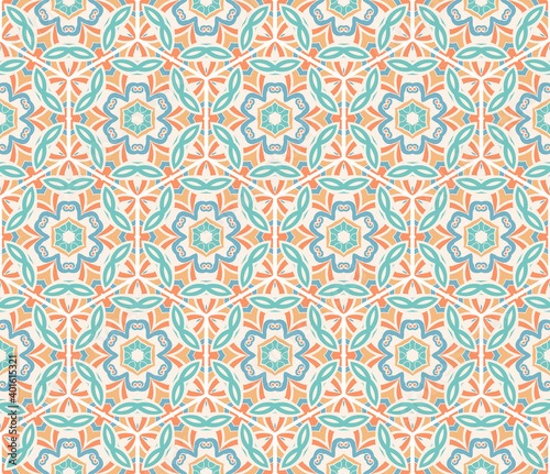ceramic tiles in the shape of hexagons. hand-drawn seamless pattern. vector color illustration.