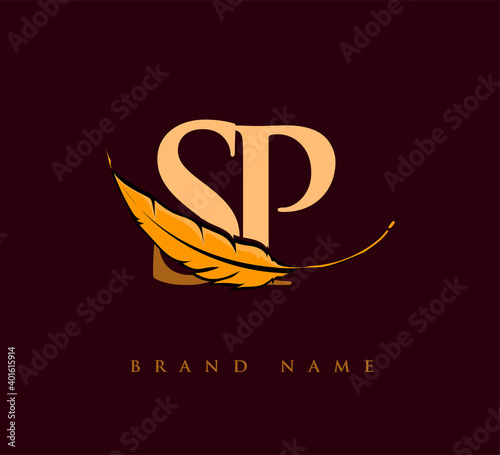 Initial letter SP logo with Feather Company Name, Simple and Clean Design. Vector Logo for Business and Company