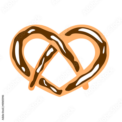 Pretzel with chocolate filling and creamy icing. Festive cookies. Vector color image