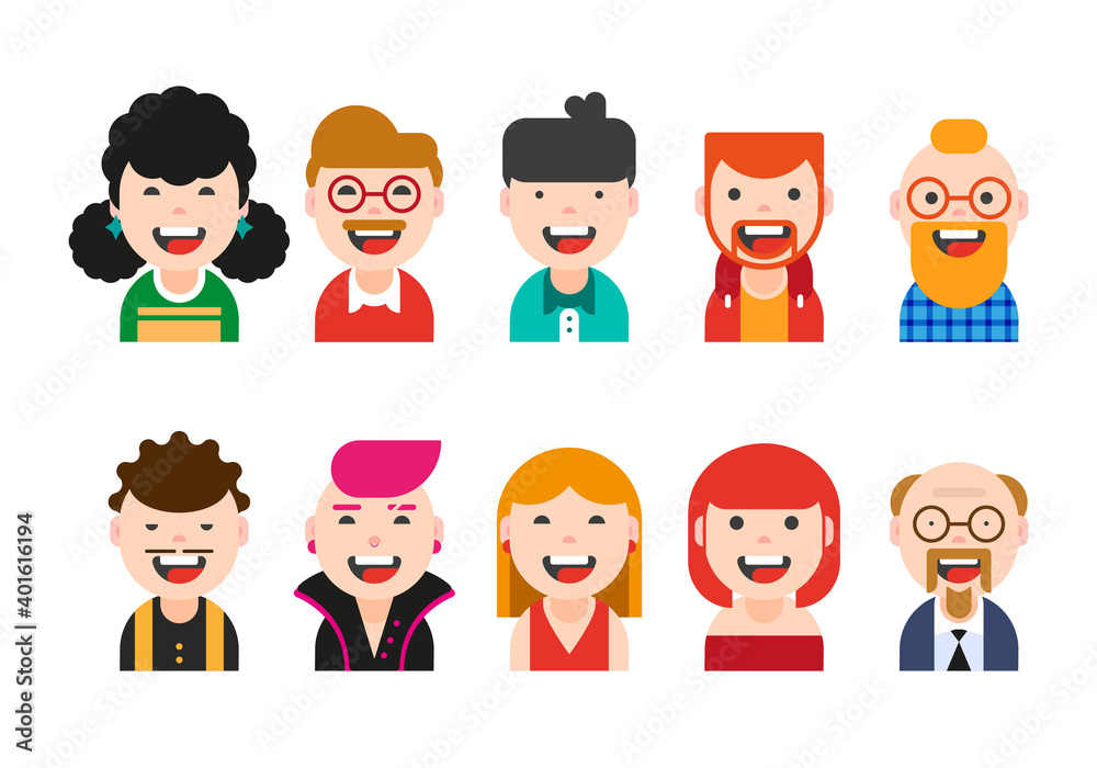 Avatar set isolated. Diverse faces, happy expressions. Cute and simple flat cartoon style.Positive male and female characters different ages. Vector illustration Avatar set isolated. Diverse faces, happy expressions. Cute and simple flat cartoon style.Positive male and female characters different ages. Vector illustration