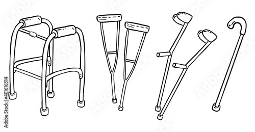 Set of crutches for disabled people doodles. Collection of walking support vector graphic symbols