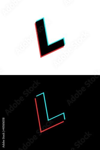 L letter font made of glitch, stereo effect. Dynamic, split red and blue color. For dj logo, electromusic posters, bright logo and more. Vector illustration photo