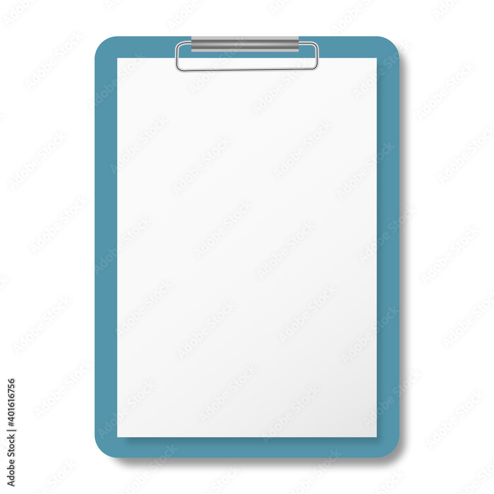Clipboard with blank white Paper on white background. 3D illustration