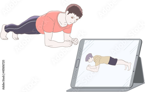 オンライントレーニング、プランク、男性