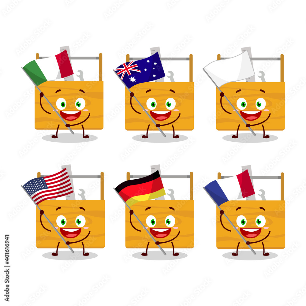 Wooden toolbox cartoon character bring the flags of various countries Wooden toolbox cartoon character bring the flags of various countries