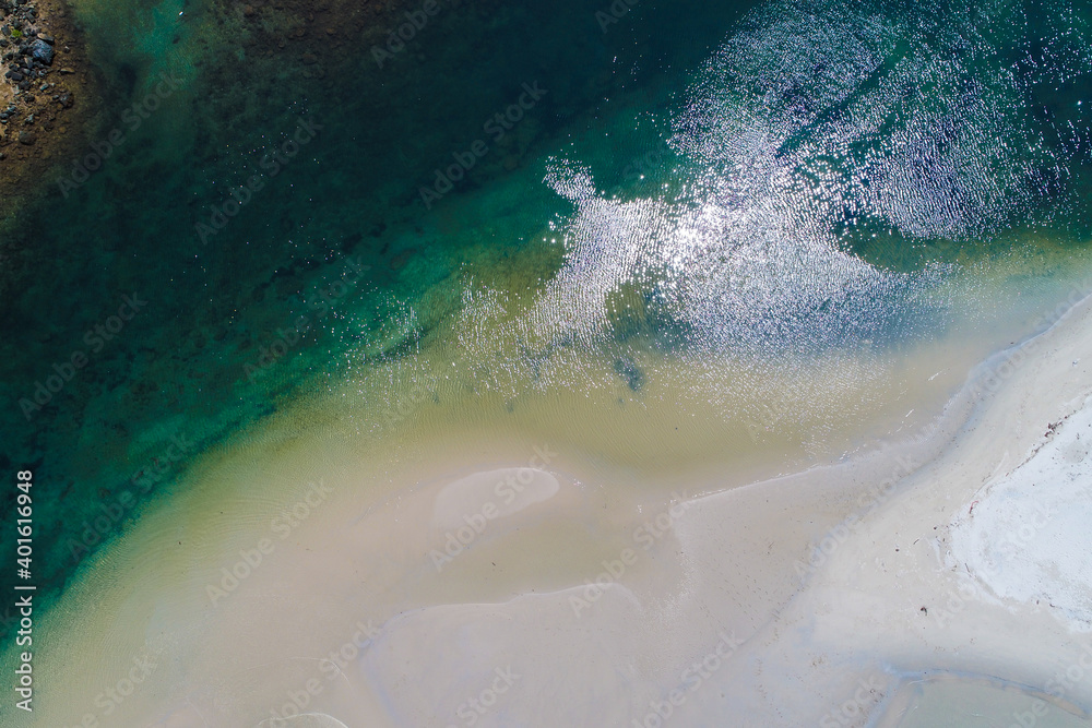 Aerial view white snad beach wave turquoise water