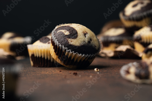 Homemade marble chocolate vanilla cupcakes. Delicious dessert. Selective focus