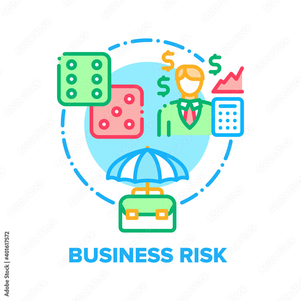 Business Risk Vector Icon Concept. Financial Game Risk Calculating, Analysis And Strategy, Plan And Assessment, Evaluate And Review. Businessman Managing Finance And Solve Problem Color Illustration Business Risk Vector Icon Concept. Financial Game Risk Calculating, Analysis And Strategy, Plan And Assessment, Evaluate And Review. Businessman Managing Finance And Solve Problem Color Illustration