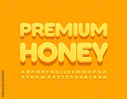 Vector quality badge Premium Honey. Modern Yellow Font. Bright Alphabet Letters and Numbers set