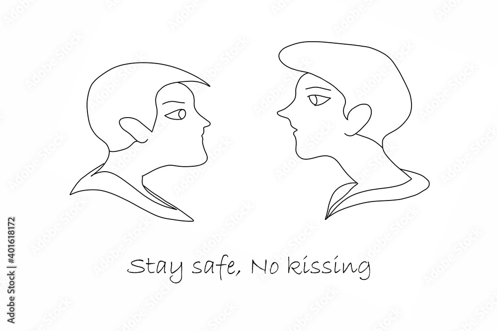 Doodle drawing of a man and a woman profile with a concept of stay safe, no kissing.