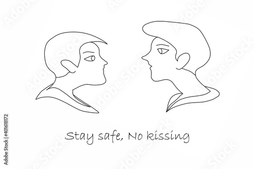 Doodle drawing of a man and a woman profile with a concept of stay safe, no kissing. © Maliflower73