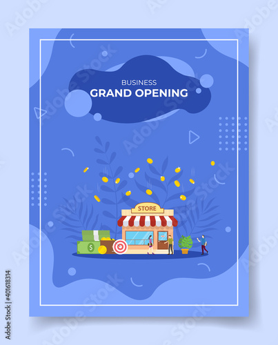 grand opening concept people standing front store fall coin money wallet target for template of banners, flyer, books cover, magazines with liquid shape style