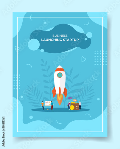 launching startup concept people around rocket fly takeoff chart board wallet coin for template of banners, flyer, books cover, magazines with liquid shape style