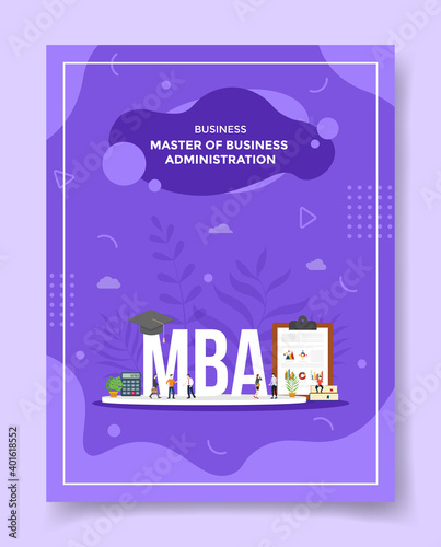 master of business administration concept people around word mba hat calculator clipboard chart book hat for template of banners, flyer, books cover, magazines with liquid shape style
