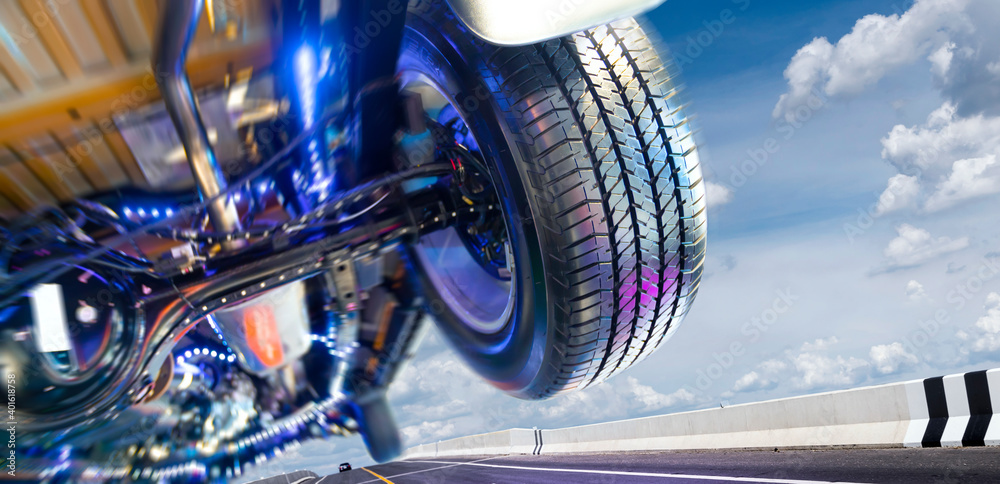 Fototapeta premium Fast speed Racing trucks on the road by powerful tires.