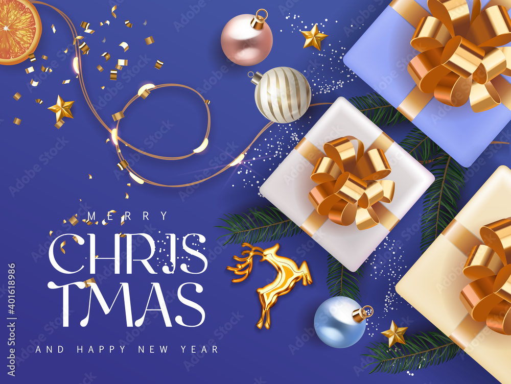 Merry Christmas and Happy New 2021 Year deep blue cyan Holiday background with gift boxes with gold ribbon fir tree branches christmas balls gold deer and lights. Festive Xmas decoration in blue