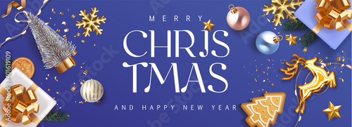 Merry Christmas and Happy New Year deep blue violet Holiday background with gift boxes with gold bow and fir tree , christmass balls, gold deer and lights. Festive Xmas decoration in violet. Vector