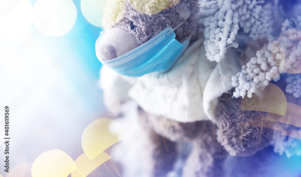 Toy bear in mask to prevent virus spread. Copy space. Teddy bears wearing protective mask. Coronavirus protection. Toy bear in mask to prevent virus spread. Copy space. Teddy bears wearing protective mask. Coronavirus protection.