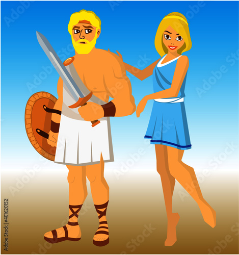 Cartoon Greek warrior and nymph