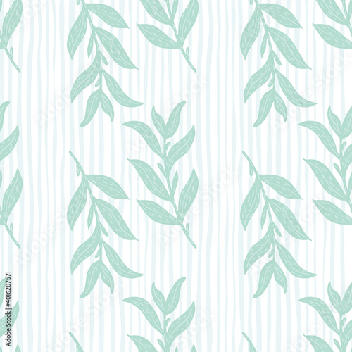 Light pastel tones seamless pattern with doodle leaf branches silhouettes on striped background.
