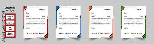 Multipurpose corporate businesses template with a4 size. stationery item modern letterhead. green, blue, red, and yellow with four color variations.
