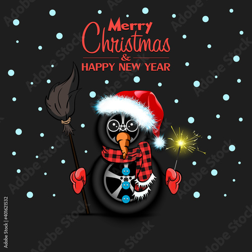 Merry Christmas and happy new year. Snowman from car wheels with broom and sparklers on an isolated background. Design pattern for banner, poster, greeting card, invitation. Vector illustration