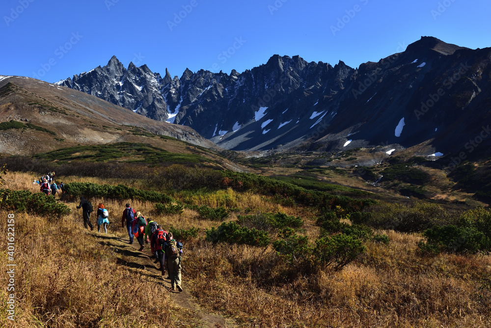Mountain range Ganalskie Vostryak in autumn in Kamchatka