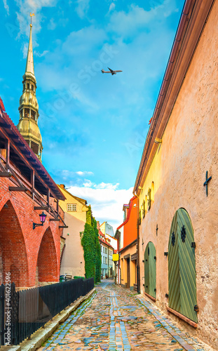 Morning in medieval district of old European city