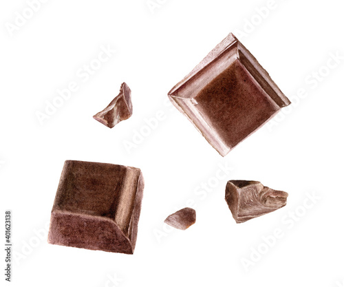 Pieces of dark chocolate bar watercolor illustration isolated on white background