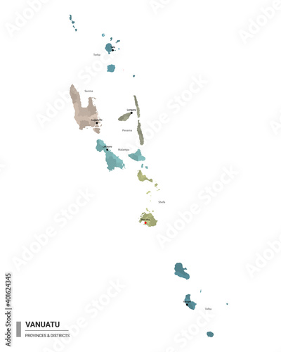 Vanuatu higt detailed map with subdivisions. Administrative map of Vanuatu with districts and cities name, colored by states and administrative districts. Vector illustration.