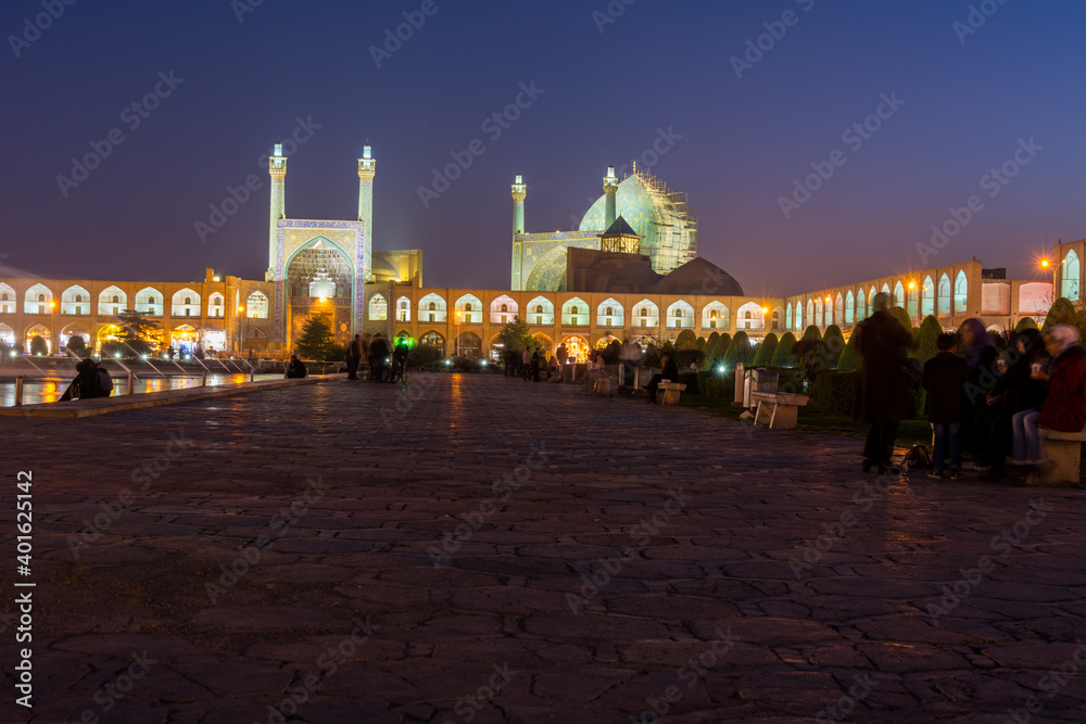 Night View of Shah Mosque or Imam mosque,  situated on the south side of  Naqsh-e Jahan Square square, an important historical site.