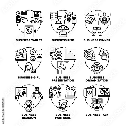 Business Work Set Icons Vector Black Illustrations. Business Tablet And Risk, Dinner And Talk With Business Woman Girl, Company Organiation And Reunion With Partners Black Illustrations