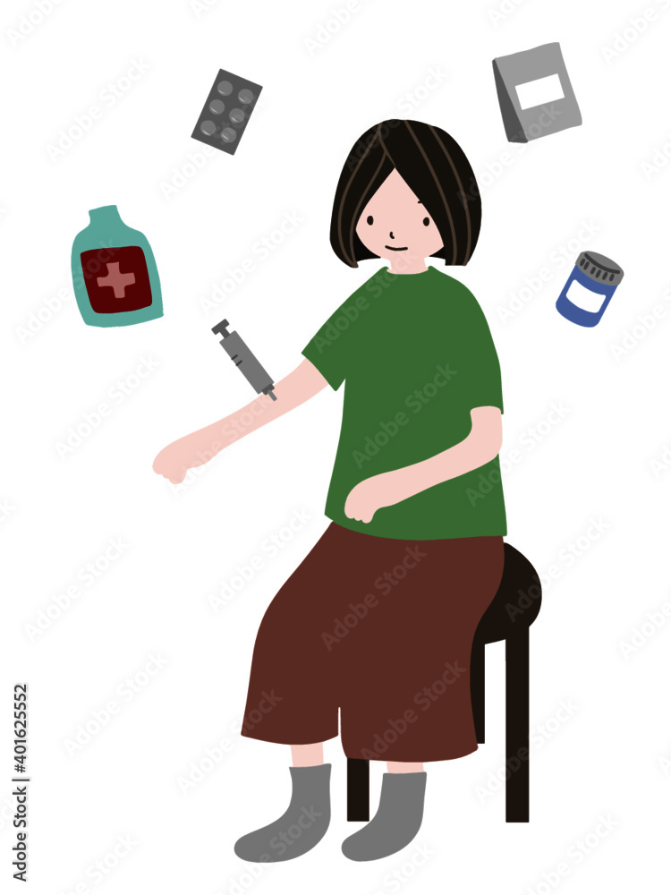 SDGsの項目3「すべての人に健康と福祉を」をわかりやすくイメージした注射をされている女性と医療素材のあるポスター風手描きイラスト