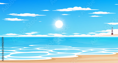 Tropical sea and a sand beach with lighthouse on horizon, vector background.
