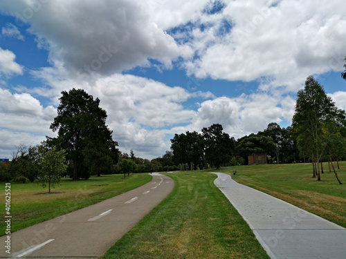 Beautiful view of a park with double trail, cycling and walking trail running along side by side, Rydalmere, Sydney, New South Wales, Australia 