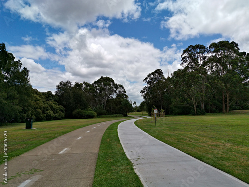 Beautiful view of a park with double trail, cycling and walking trail running along side by side, Rydalmere, Sydney, New South Wales, Australia 