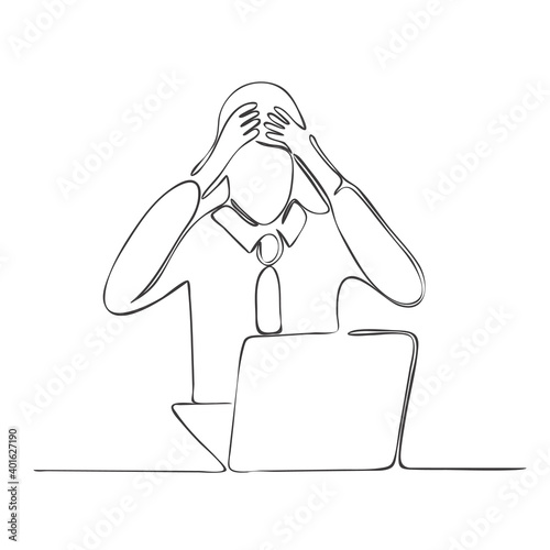 Office worker experiencing depression. Hand drawn line art