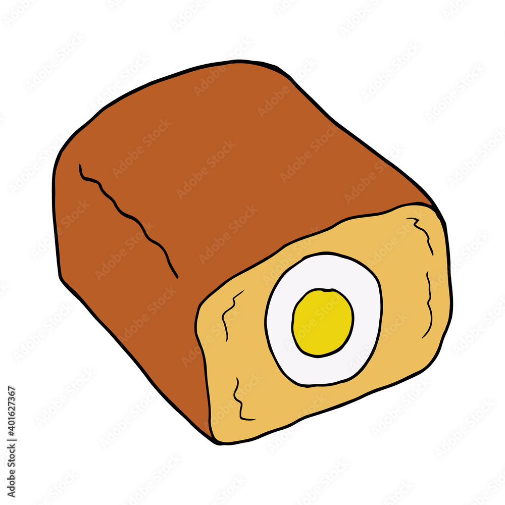 Vector hand drawn doodle Falscher Hase (Special Meatloaf). German cuisine dish. Design sketch element for menu cafe, restaurant, label and packaging. Colorful illustration on a white background. Vector hand drawn doodle Falscher Hase (Special Meatloaf). German cuisine dish. Design sketch element for menu cafe, restaurant, label and packaging. Colorful illustration on a white background.
