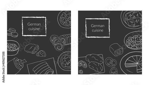 Hand drawn poster set with German cuisine dish. Design sketch element for menu cafe, bistro, restaurant, bakery and packaging.  Vector illustration.