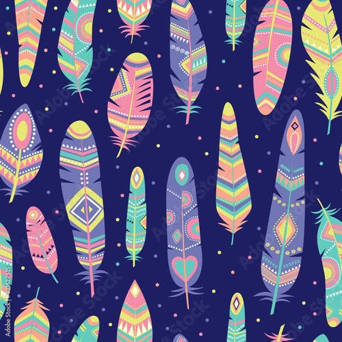 Vector seamless feathers pattern in boho style
