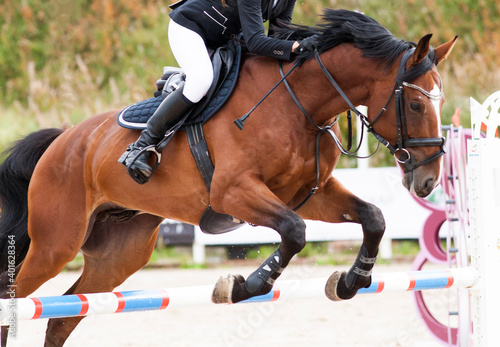 A jumping red sports horse with a bridle and a rider riding with his foot in a boot with a spur in a stirrup.
