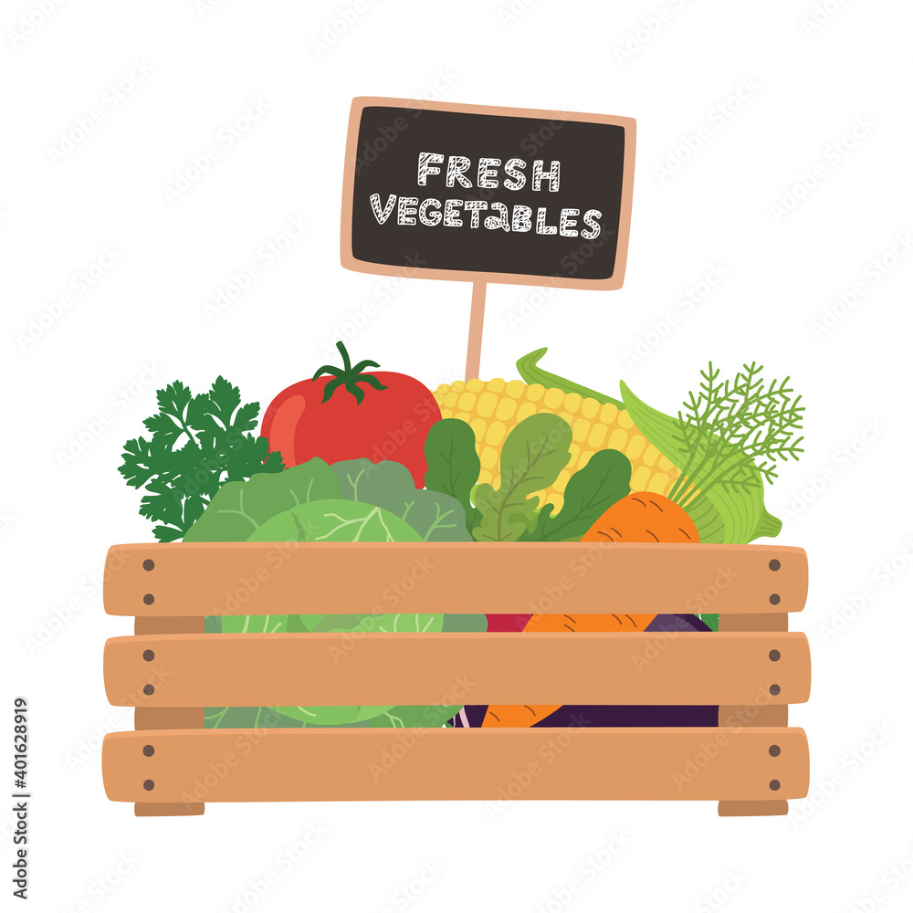 Fresh vegetables a wooden box. Vector illustration. Fresh vegetables a wooden box. Vector illustration.