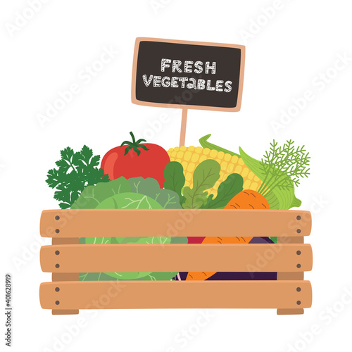 Fresh vegetables a wooden box. Vector illustration.