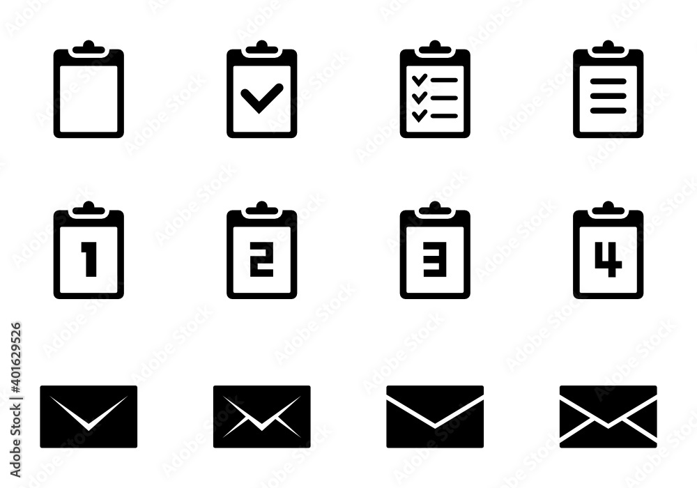 バインダーとメールのアイコンのセット バインダーにはチェックマークや箇条書きの資料が挟まれている 問診票やアンケート票のようなイメージのイラスト メッセージやチャットでコミュニケーションするイメージのアイコンも含まれる Stock Vector Adobe Stock