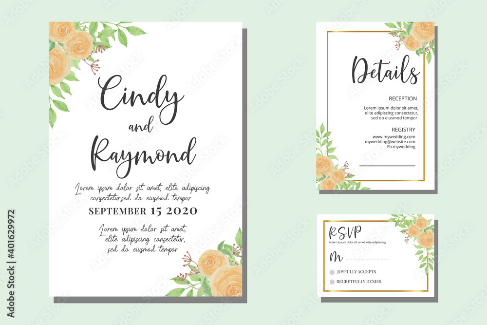 Floral Wedding invitation frame set; flowers, leaves, watercolor, isolated on white. Sketched wreath, floral and herbs garland with green, greenery color. Handdrawn Vector Watercolour style