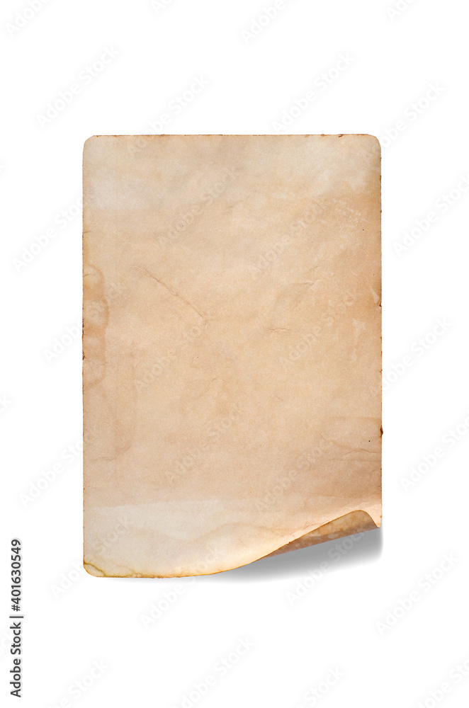 An old crumpled piece of paper. Copy space. Isolated on white