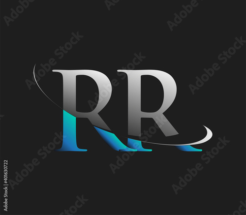 RR initial logo company name colored blue and white swoosh design, isolated on dark background. vector logo for business and company identity.