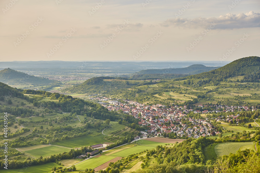 Schwäbische Alb (Swabian Alb) near Stuttgart – Germany, Beautiful View, Hilly, Landscape, green, village, horizon, cloudscape Schwäbische Alb (Swabian Alb) near Stuttgart – Germany, Beautiful View, Hilly, Landscape, green, village, horizon, cloudscape