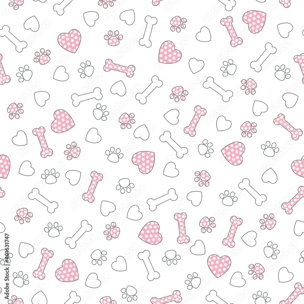 Cute Icon bone, heart, finger print dog pattern, different dogs seamless wallpaper. Valentine's day concept.